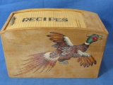 Vintage 1960's Wooden Recipe Box with Painted Pheasant & a Roll- Top Cover