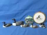 Assortment of 6  Loon Figurines (Ceramic, Resin, Wood), Loon suncatsher, Loon Sampler, Framed