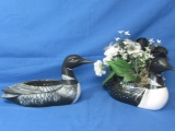 Pair of Painted Ceramic Loon Planters (one with fabric flowers) Each 11-12” L