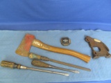 6 Vintage Tools: Hatchet 6” Head w/ 3” Edge on 17” handle, Weathered Iron Punch w/ Markings, 3 Screw