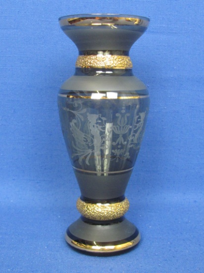 Bohemia Glass Vase – Smoke Grey w Etched Design & Gold Trim – 8” tall – Made in Czech Republic