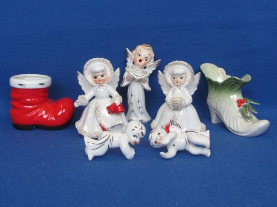 Lot of Vintage Ceramic Christmas Decor – 2 Angel Candle Holders, 2 Candle Climbers