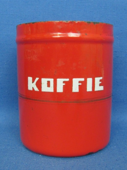 Red Porcelain Enamel Canister “Koffie” - No Lid – 5 1/2” tall – Some enamel loss & wear