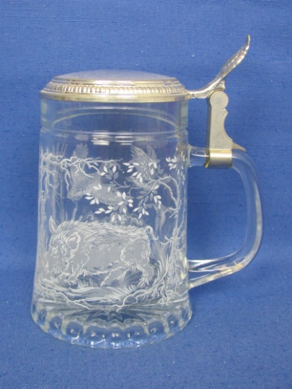 Crystal Beer Stein w Design of Ducks & Wild Boar – Made in West Germany – 6 3/4” tall at handle