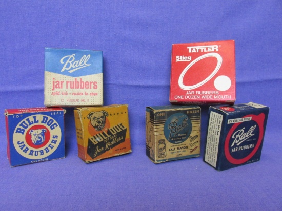 6 Boxes of Vintage Jar Rubbers: Bull Dog, Ball & Tattler – All Different, all have contents
