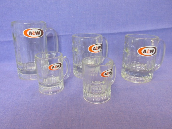Set of 5 Glass A&W Root Beer Mugs – Baby Size up to 5 1/2” tall – Good condition