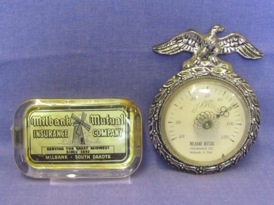 Milbank Mutual Insurance Co of South Dakota – Glass Paperweight & Thermometer w Eagle