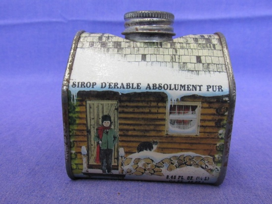 Small Tin Container of Maple Syrup – Looks like Log Cabin – Made in Plymouth, MN – 3” tall