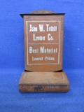 Tin Match Safe “John W. Tuthill Lumber Co. Best Material Lowest Prices”  - 6” tall