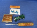 Mixed Lot Collectibles: Mad Money Box, Origami Earrings, Lesney 1929 Bentley, Coke Ice Pick