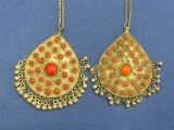 2 Large Vintage Pendants with Orange or Red Cabochons – 3 1/2” long wo Beads