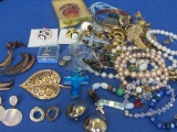 Lot of Costume Jewelry: Necklaces – Earrings – Pins & more – 1 pair Sterling Earrings at 7.5 grams