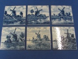 Set of 6 – Delft Blauw 4 1/4” Tiles – All Different Windmill Scenes – Made in Holland