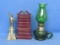 Lot: Statue of Liberty Thermometer – Green Glass Oil Lamp made in Hong Kong – Mini Dresser