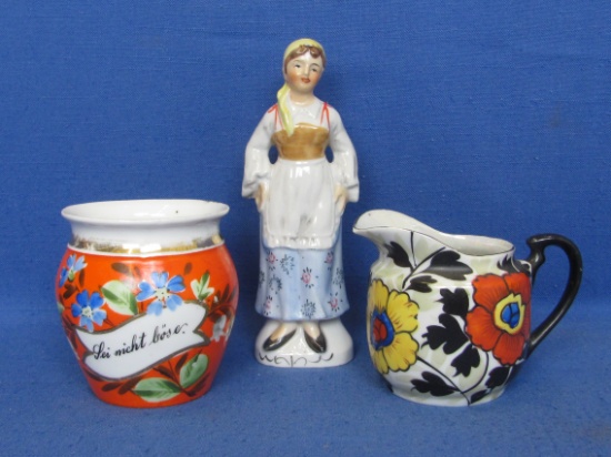Porcelain: Figurine & Creamer made in Japan – German Shaving Mug? (chip on rim)