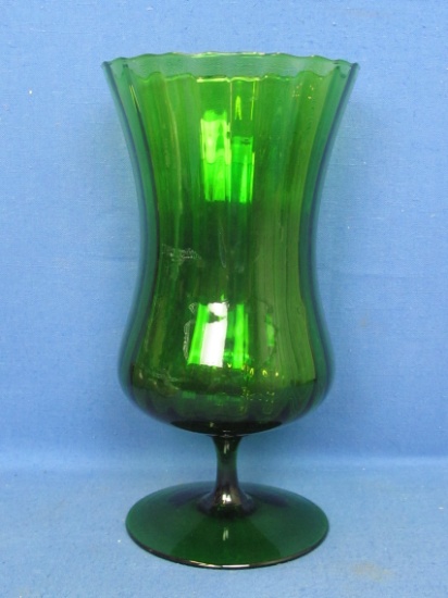 Tall Footed Emerald Green Glass Vase – 12 12” tall – Vertical Ribbed Design