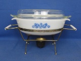 Fire-King Covered Casserole with Corn Flower Design – Metal Stand with Warmer