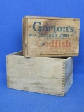 2 Wood Boxes: Gorton's Mother Ann Codfish w Sliding Lid 6” x 4” – Other is faded