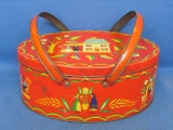 Cute Red Tin Handled Basket – Colorful Vintage Scene – 11” x 8 1/4”