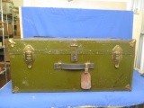 Vintage Metal Foot-Locker: 30 1/2” L x 17” W x 13” Deep – Olive Green – Brass Corners & Hardware