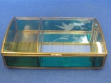 Glass Jewelry Box – Emerald Green Sides – Etch Bird & Flower on Lid – 6 1/2” x 4”