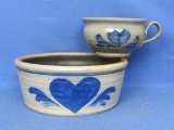 Rowe Pottery Works: Salt Glazed Bowl & Large Cup – Cobalt Blue Decor – Bowl is 9” in diameter