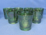 Set of 8 – Short Green Glass Tumblers with Cut to Clear Grape Design – 3 1/4” tall