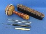 Lot: Vintage Wood Sock Darner – 4 Crochet Needles, 1 w Bone Handle – Brush with Leather Top