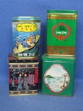 4 Colorful Tea Tins: Earl Grey – Long Jing – Tallest is 4 1/2” - Good vintage condition