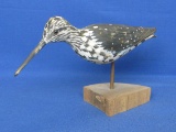 Carved Wood Bird Figurine – Sandpiper? Glass Eyes – 12” wide – 7” tall – Hand Painted