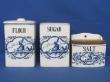 Delft? Ceramic Set – Flour w Lid – Sugar (no lid) Wall Mount Salt w Wood Lid – Tallest is 6 1/4”
