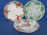 3 Small Plates: 2 Majolica (1 from France) 1 Hand Painted Glass Plate – 6 1/2” to 7” in diameter