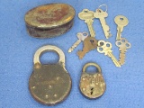 2 Padlocks (Yale & Mail) & Small Tin with Vintage Keys – Largest is 3” long