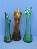 3 Glass Swung Vases – Green & Amber – Tallest is 10” - Ground Base