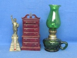 Lot: Statue of Liberty Thermometer – Green Glass Oil Lamp made in Hong Kong – Mini Dresser