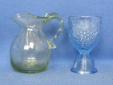 Pale Green Blown Glass Pitcher – Blue Glass Goblet or Egg Cup – Grape Design – About 5” tall