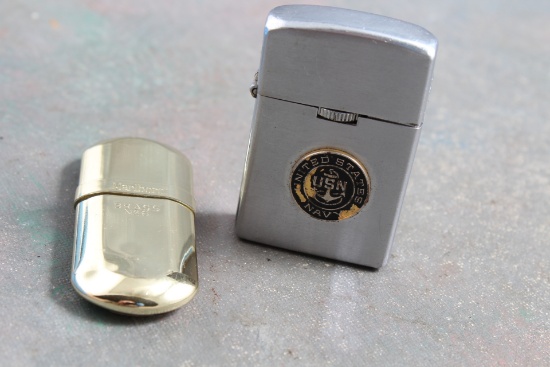 2 Vintage Lighters Marlboro Brass No. 6 + USN Navy Kennsington Wind Proof