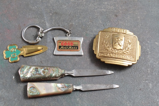 Junk Drawer Lot 1941 Belt Buckle, Girl Scout Bookmark, MoorMans Key Chain,