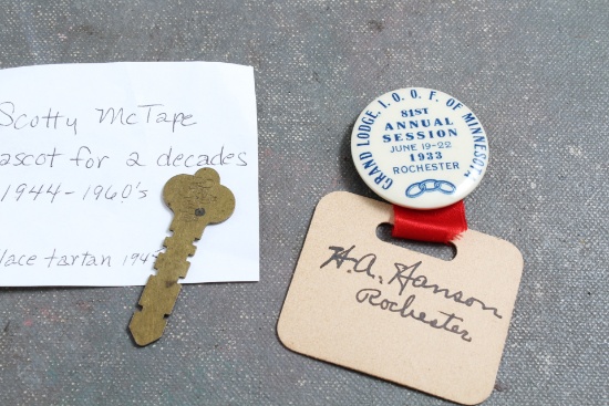 1940's Scotty McTape Mascot Key + 1933 + 1933 I.O.O.F. Oddfellows Pinback