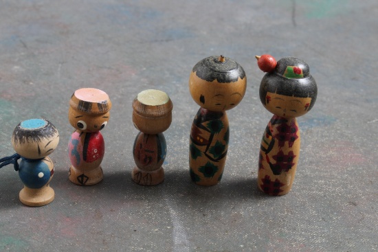 5 Vintage Kokeshi Wood Dolls Measure 2 1/2" & 1 1/2" Tall