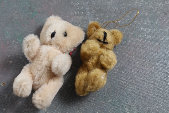2 Vintage Mohair Jointed Teddy Bear Ornaments 3 1/2" & 3"