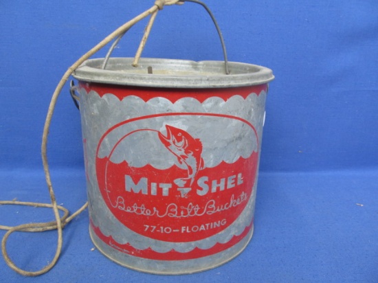 Vintage Galvanized Metal Minnow Bucket = Mit-shel 77-10-Floating – Nice Graphics8 1/2” T + Handle