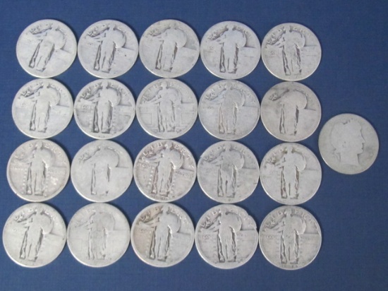 21 Silver Quarters - 20 Standing Liberty Quarters and One 1908 Barber - Weights 121 Grams