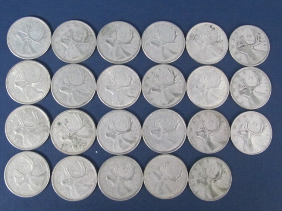 23 Canadian Quarters - 21 Quarters Dated Before 1967 (80% Silver) and 2 1968 (50% Silver)