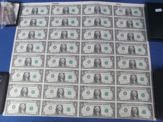 Sheet of 32 Uncut Uncirculated $1 Dollar Bills 1985 (4 x 8 Sheet) - Rolled Up and in a Tube