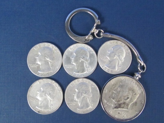 5 Silver Quarters and One 1964 Kennedy Half Dollar in a Key Chain