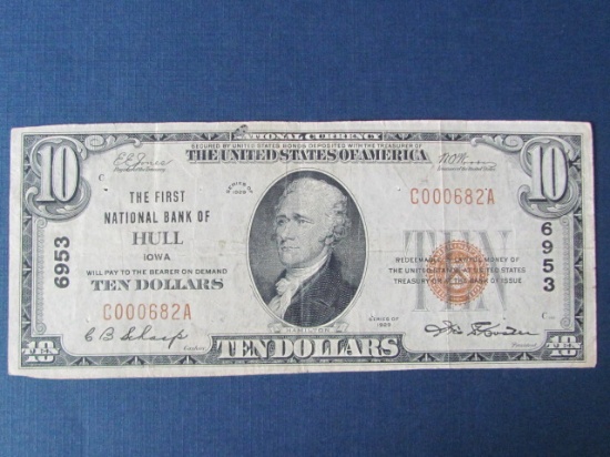 $10 1929 Hull Iowa National Currency Bank Note Bill Ch # 6953 - Brown Seal