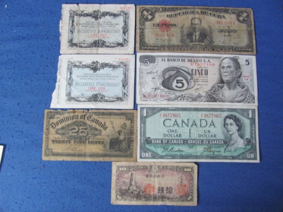 7 Bills of Foreign Paper Currency  - Canadian, Italian, Mexican, Cuban and Japanese
