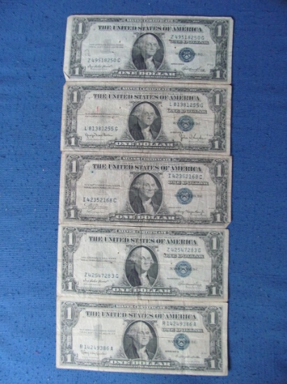 5 One Dollar Silver Certificates - Series 1935-A, D, E(2) & 1957-B