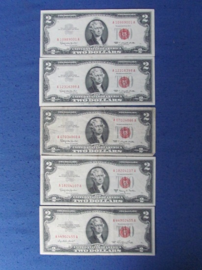 Five 2 Dollar Red Seal Bills 4 Are 1963 One is 1953 - 3 Different Treasurer Signatures